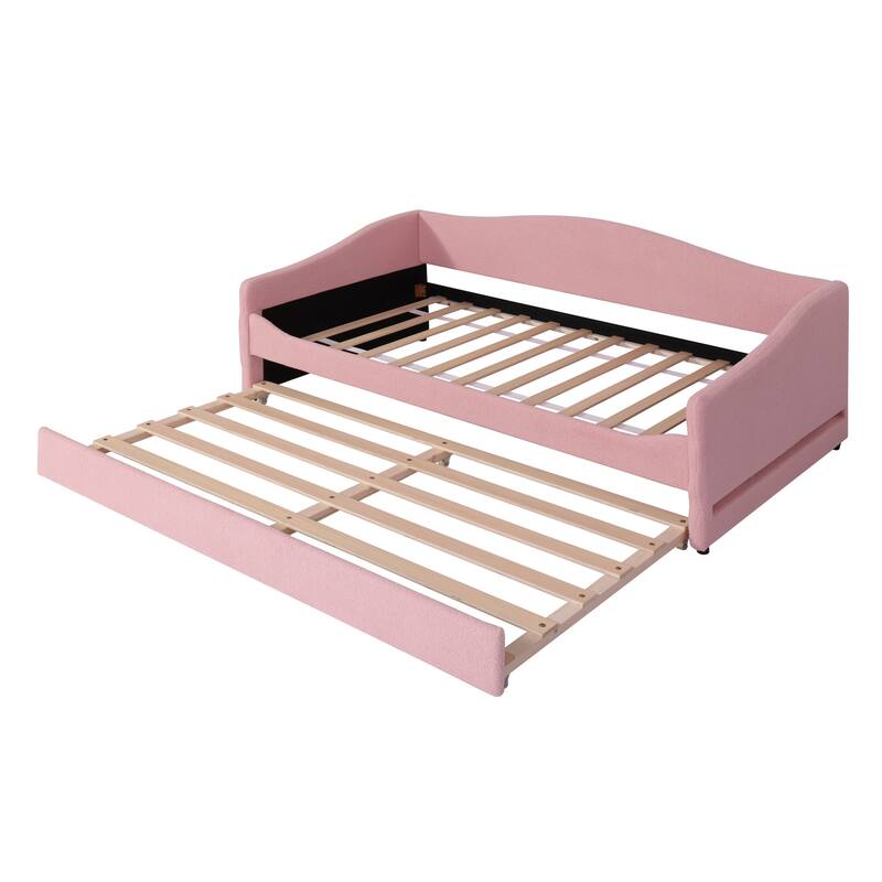 Twin Size Upholstered Daybed with LED Lights, Teddy Fleece Fabric, and Trundle, Perfect for Sleepovers