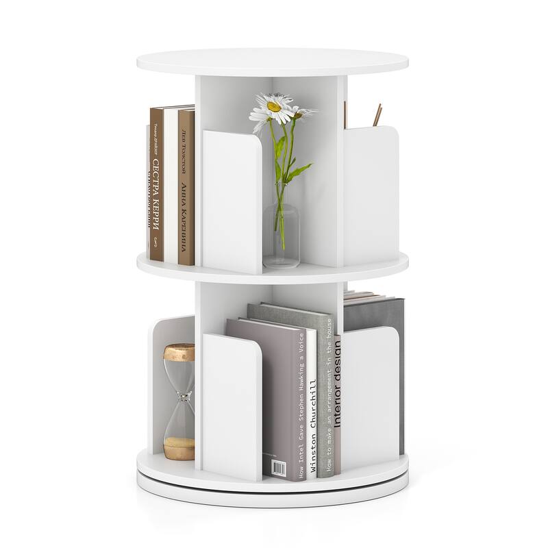 2-Tier Freestanding Bookshelf with Rotating Storage Shelves Rack for Books or Decor - 15.5" x 15.5" x 26" - White