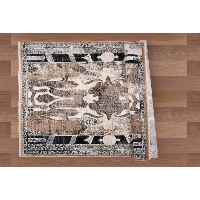 Anna Collection Ivory, Black, Grey, and Tan Scrollwork Rug