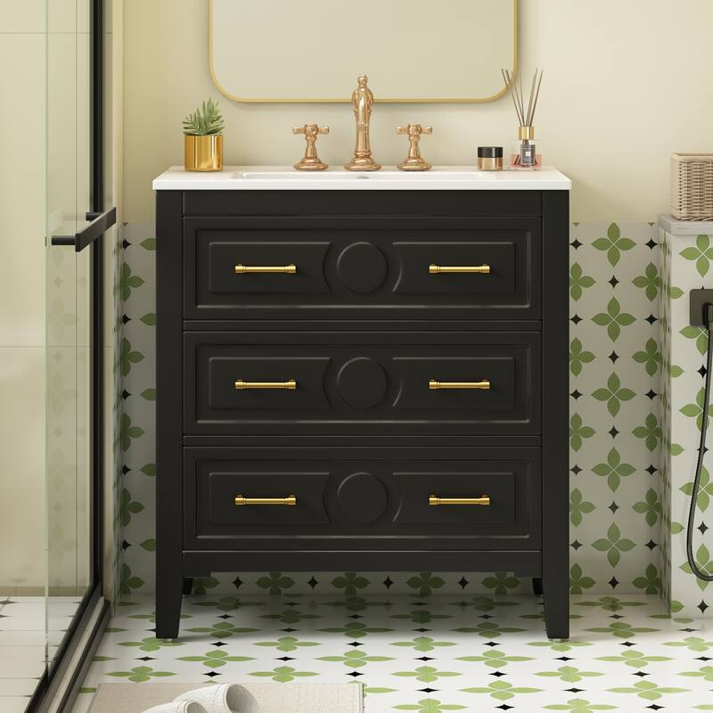 30"Bathroom Vanity with Ceramic Sink, Free Standing Single Vanity Set with 3 Drawers, Solid Wood Frame Storage Cabinet