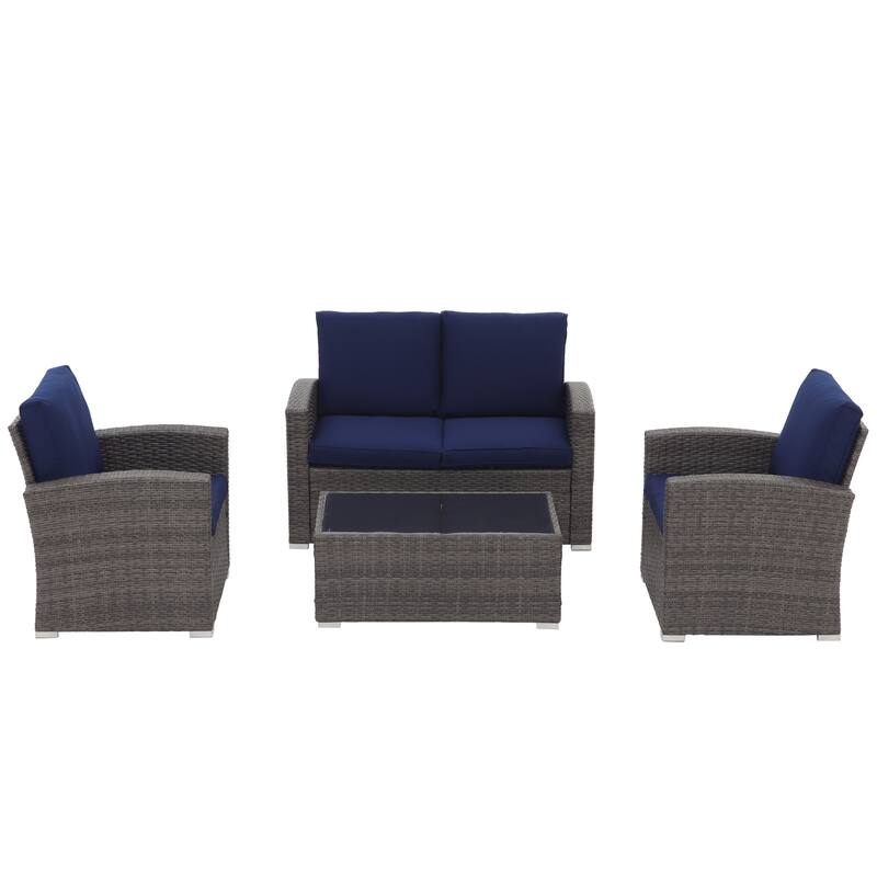 4 Person Patio Rattan Conversation Set with Grey Cushions Outdoor Tempered Glass Table