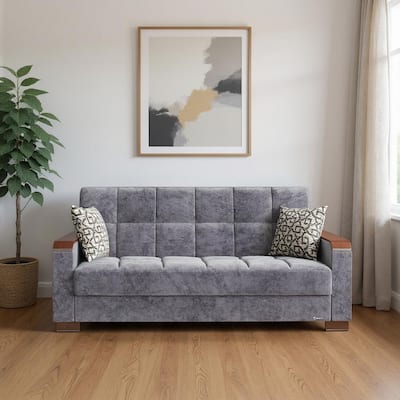 HomeRoots 87" Gray Microfiber Convertible Futon Sleeper Sofa And Toss Pillows With Storage