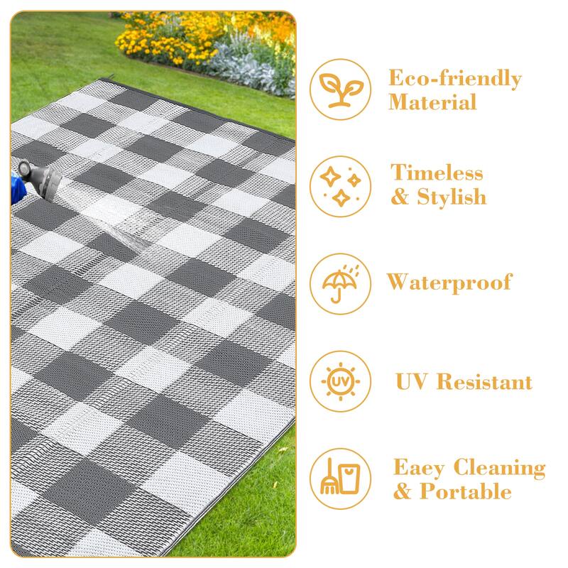 Outdoor Rug Waterproof Reversible Rug Indoor Outdoor Plaid Area Rug Plastic Straw Rug for Camping RV Backyard Patio