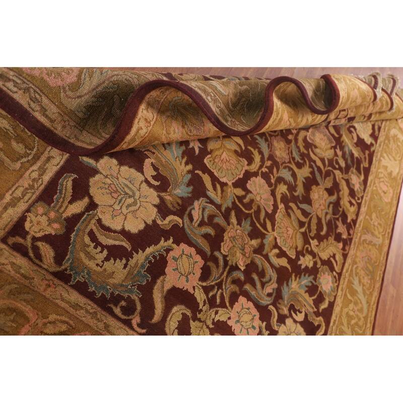 Burgundy Floral Agra Indian Area Rug Handmade Wool Carpet - 7'11"x 9'11"
