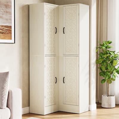 69-Inch L-Shaped Bookcase, White Wooden Corner Cabinet with Doors