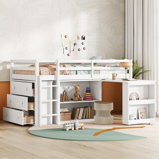 Twin Loft Bed with Pull-Out Desk Storage Drawers Shelf Cabinets Ladder and Full-Length Guardrail Solid Wood Frame