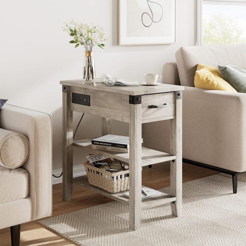 End Table with USB Ports and Outlets, Flip Top Side Table Narrow