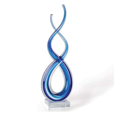 HomeRoots 14" Clear and Blue Murano Glass Modern Abstract Tabletop Sculpture