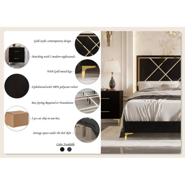 CraftPorch 3 Piece Bedroom Nightstands Set Velvet Upholstered Bed