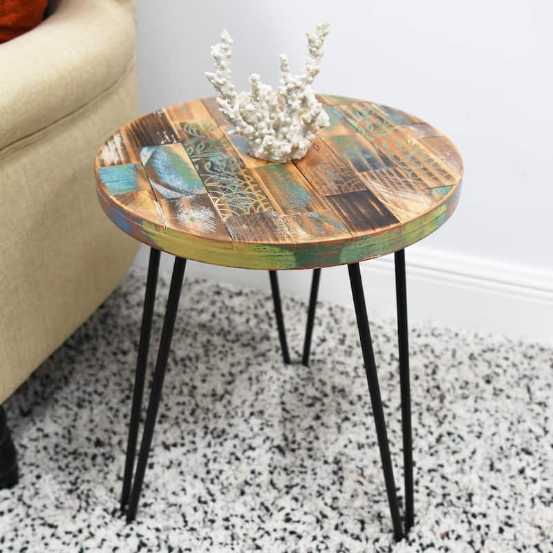 Greenage Reclaimed Wood Carving End Table Living Room Night Stand