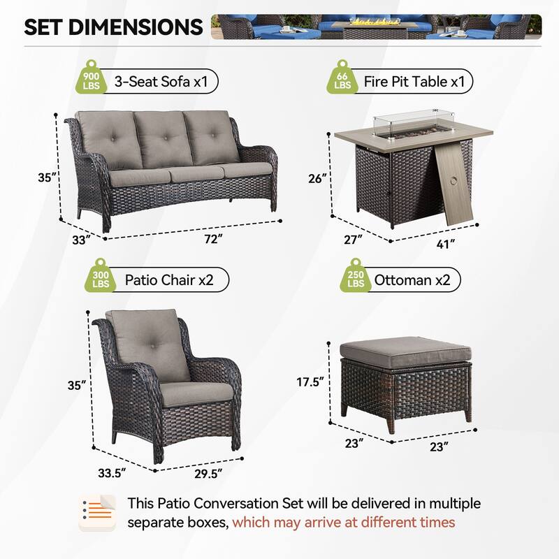 Fire Pit Table with Patio Sofa Chairs and Ottomans