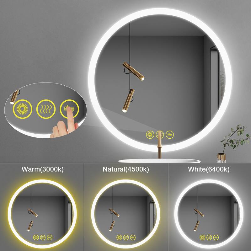 SmartReflect Modern 28" Round LED Dimmable Anti-Fog Frameless Bathroom Vanity Mirror - Clear