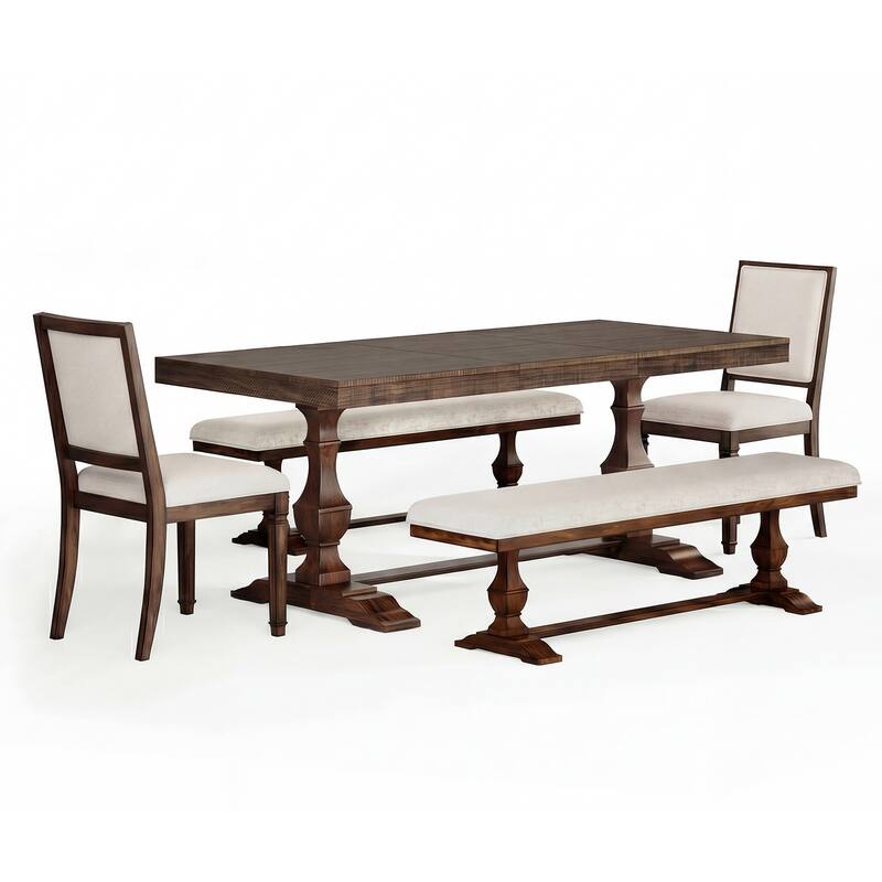 5-pieces Farmhouse Dining Table for 6, 74.8" Kitchen Table Set with 2 Benches and 2 Chairs, Solid Wood Legs and Cushion Seat