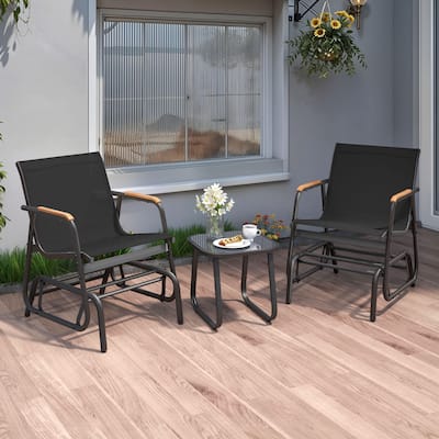 Moasis 3pcs Textline Patio Bistro Set Glider Chair with Coffee Table Tempered Glass
