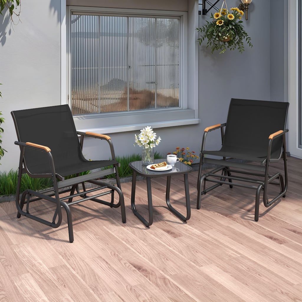Moasis 3pcs Textline Patio Bistro Set Glider Chair with Coffee Table Tempered Glass