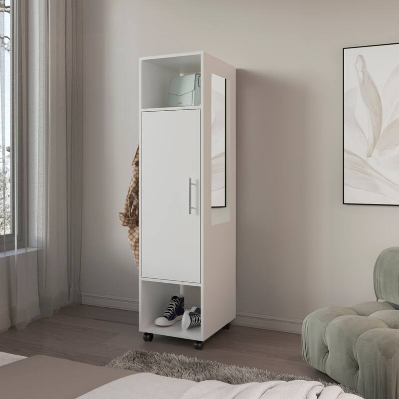18.9" Modern Armoire with 1 Door, 3 Shelves and Full-Length Mirror for Bedroom - White