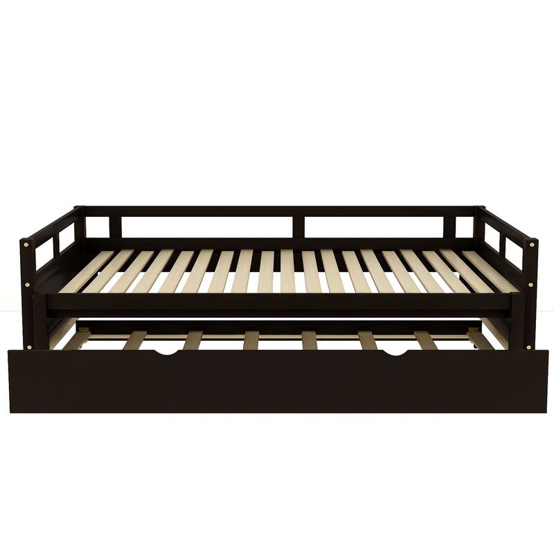 Space-Saving Daybed with Pull-out Trundle, Twin to King Platform Bed Design, Solid Pine Wood Frame with 3 Sided Guardrails