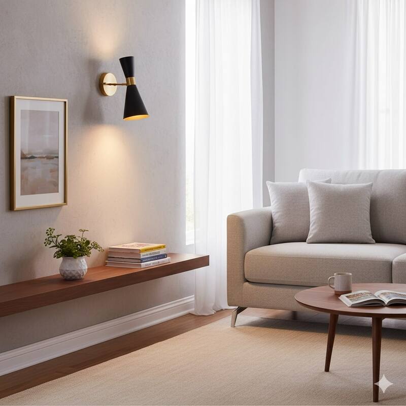 1-Light Gold Iron Wall Sconce With Black Cone Shade