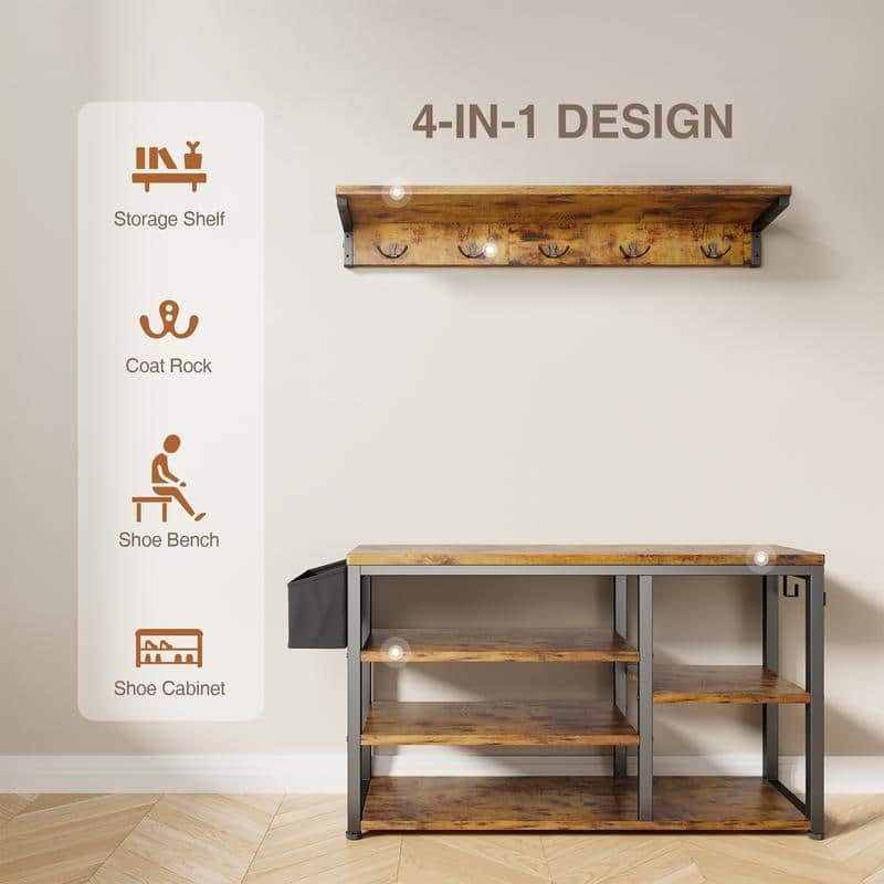 Industrial Hall Tree with 6 Hooks, Entryway Bench with Shoe and Coat Racks