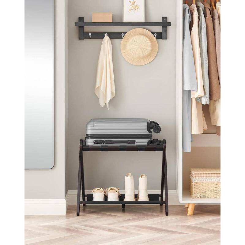 Wood Luggage Rack with Shelf Foldable Suitcase Stand with Nylon Straps for Guest Room or Hotel