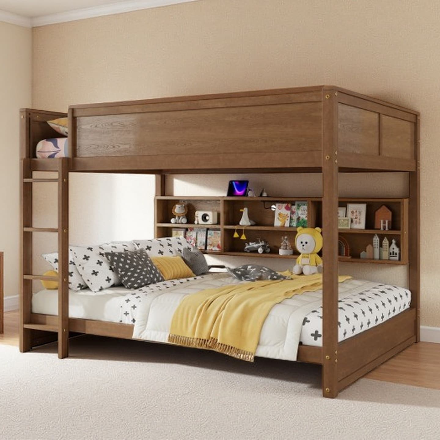 Queen Over Queen Bunk Bed with Integrated Storage Cabinets and Built-in Charging Station, Ladder and Safety Guardrails