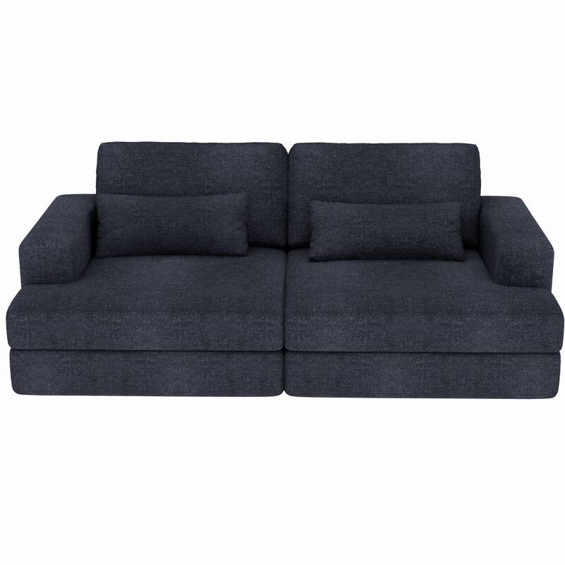 HomeRoots 93" Blue Chenille Modular Stainless Steel Sleeper Sofa With Toss Pillows