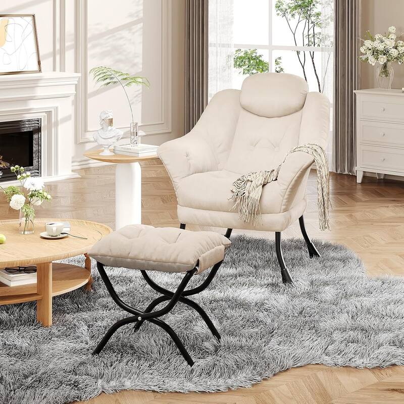 Modern Accent Comfy Lazy Sofa Chair with Ottoman for Bedroom or Living Room - Beige