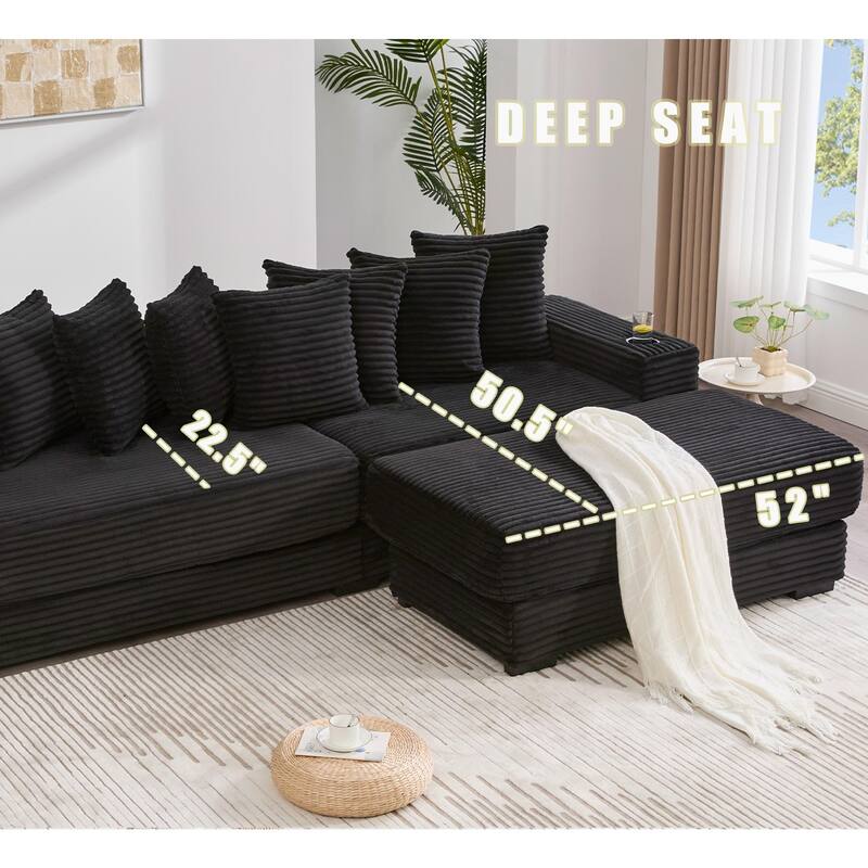 110.75" Corduroy Sectional Sofa, Convertible Sleeper Sofa Bed L-Shaped Upholstered Couch with Removable Footstool, Cup Holder