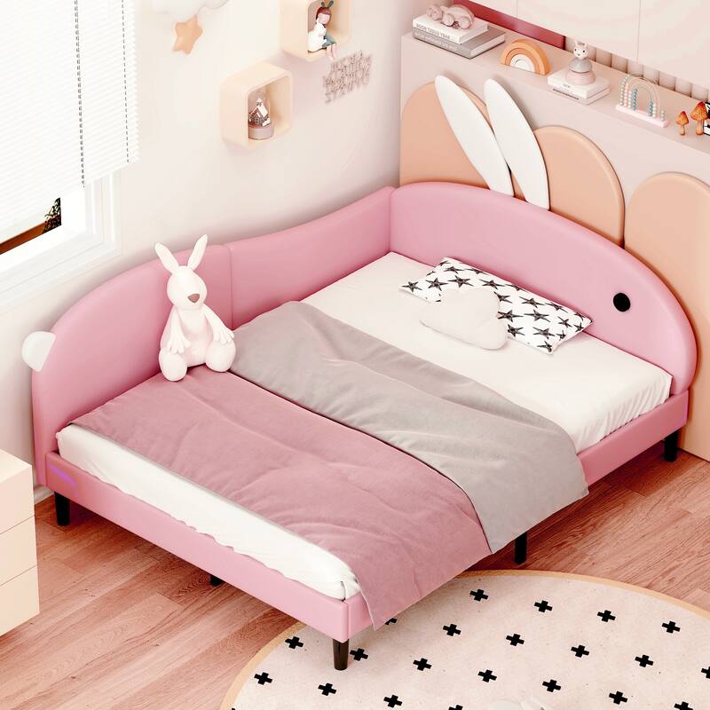 Pink Kids Bed Lovely Rabbit-Shape Daybed with Soft Backrest and Rabbit-ear Headboard, Platform Daybed Frame for Kids' Rooms