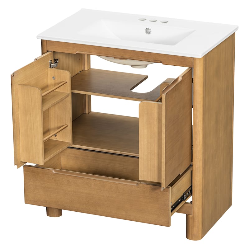 30" Modern Solid Wood Frame Bathroom Vanity Set with Ceramic Sink, Natural Wood Grain Cabinet & Soft-Close Doors
