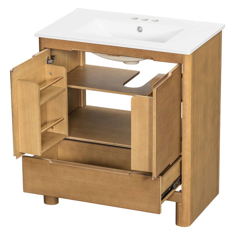 30"Softened Modern Bathroom Vanity with Ceramic Sink, Solid Wood Frame, Soft-Close Doors & Drawer, Adjustable Shelf