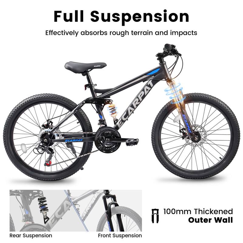 21 Speed Mountain Bike with Full Suspension, Steel Frame and Disc Brakes for Travel, Commuting and Mountain