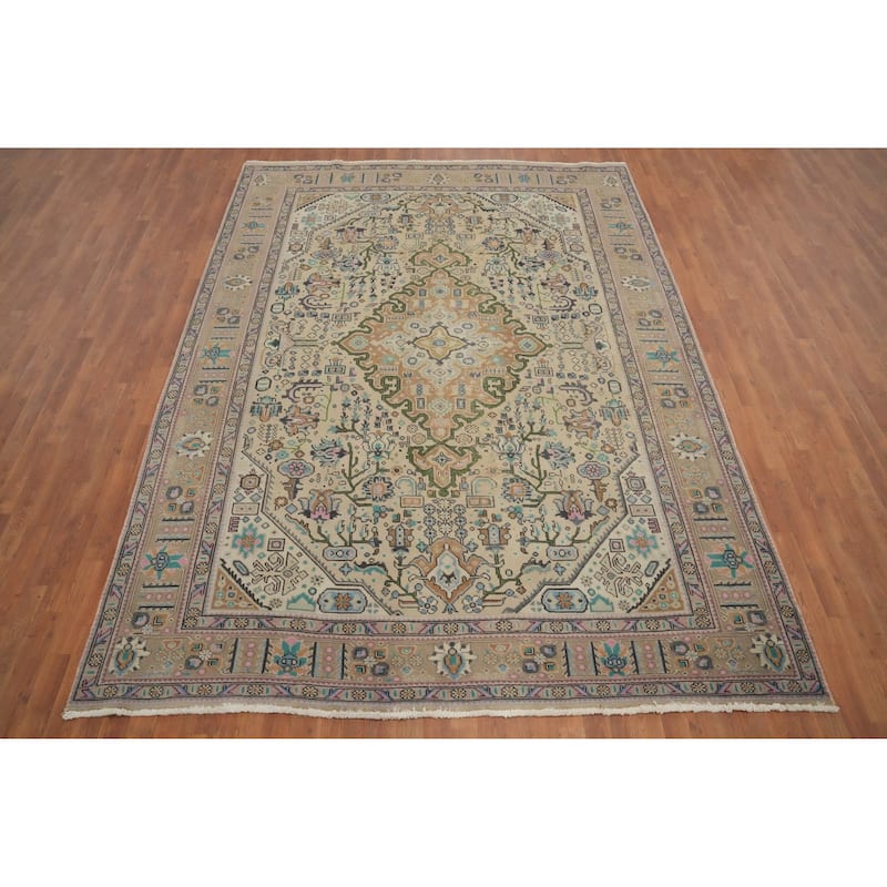 Hand Knotted Oriental 100% Wool Carpet Traditional Floral Beige & Ivories Tabriz Area Rug - 11' 2'' X 8' 1''