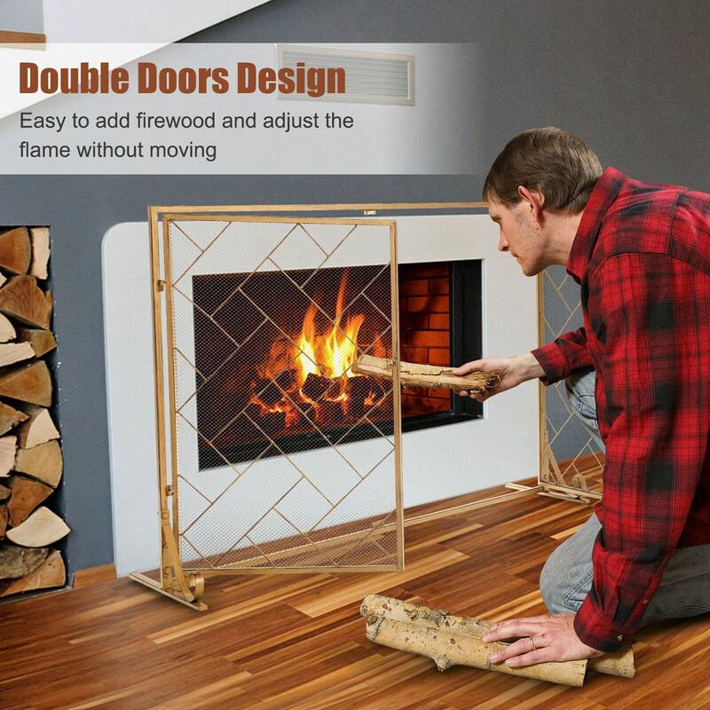 3-Panel Folding Wrought Iron Fireplace Screen with Doors and 4 Pieces Tools Set - 44.5" x 16" x 33.5" (L x W x H)