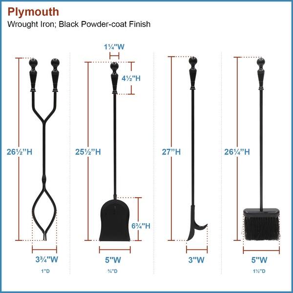 Achla Designs Plymouth Set of 4 Fireplace Tools w/Rectangular Base, 29.5 Inch Tall, Black