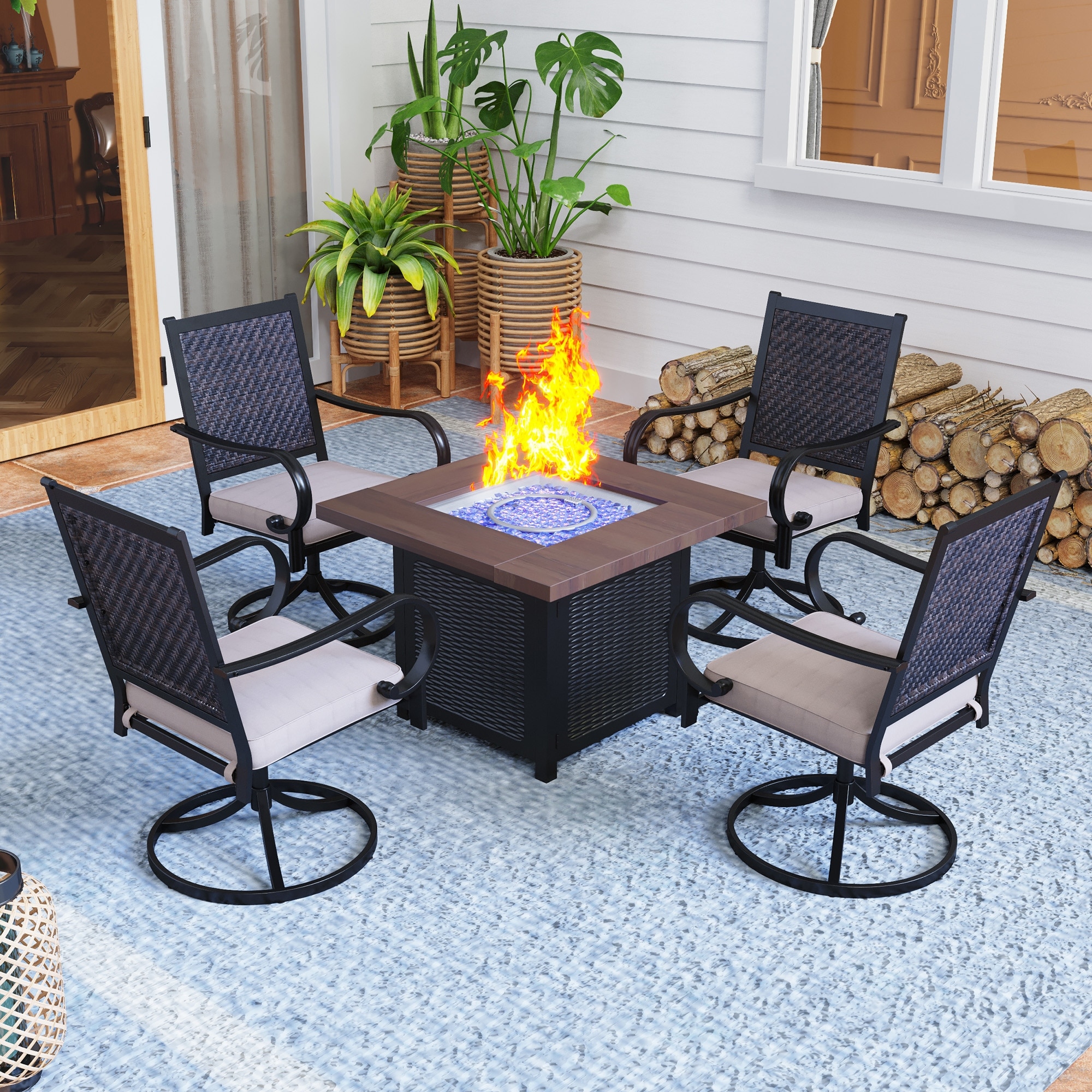 PATIO TIME 5-Piece Gas Fire Pit Table Outdoor Dining Set Rattan Swivel Chairs With Cushion and Wood-look Square Gas Fire Pit Table