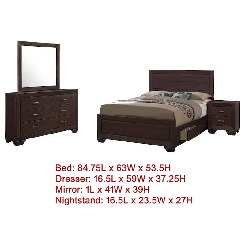 Bello 4pc Queen Size Bedroom Set, Underbed Drawers, Dark Cocoa Brown