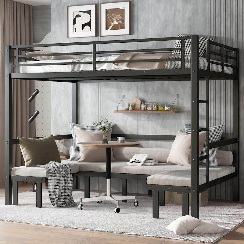 Pull-Out Bunk Bed with Three-Section Lower Bunk and Safety Rails on Top Bunk - Black - Queen over Queen