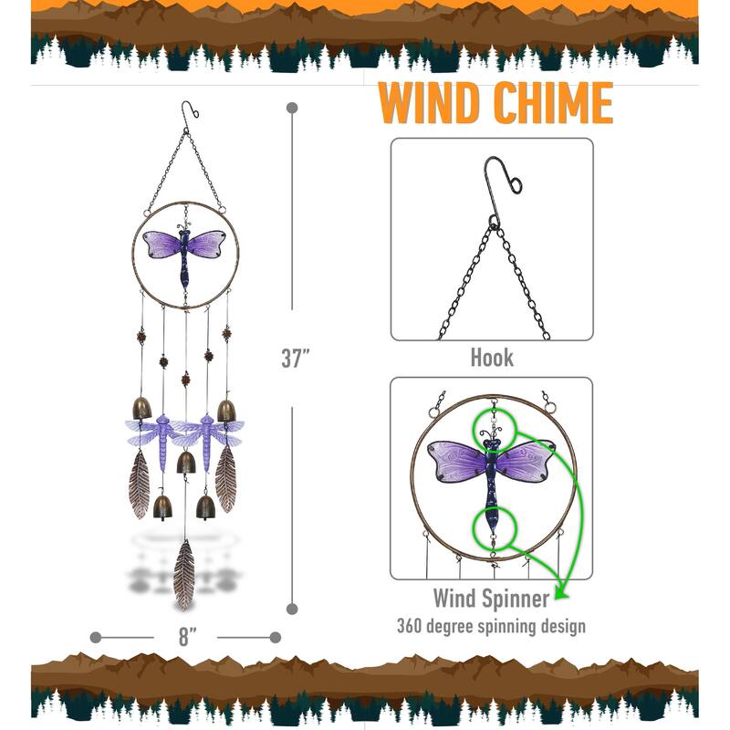 CoTa Global Purple Dragonfly Hanging Metal Wind Spinner Wind Chime - 37 inches