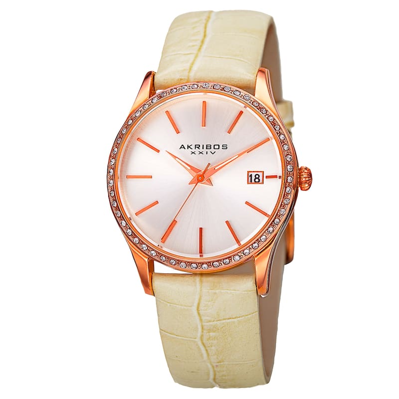 Akribos XXIV Women's Minimalist Dial Crystal Accent Leather Strap Watch - White / Rose-Tone