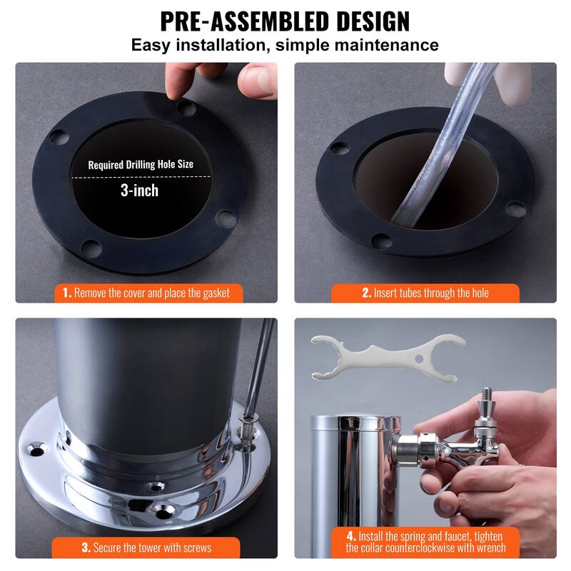 Draft Beer Tower Dispenser, Stainless Steel Keg Beer Tower, Kegerator Tower Kit with Pre-Assembled Tubing - Triple Taps