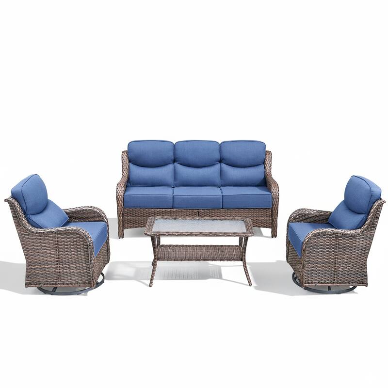 Arcadia 4-Piece Wicker Patio Conversation Set with Swivel Gliders and 6-Inch Thick Olefin Cushions