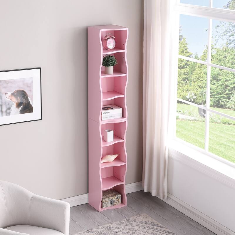 Roomfitters 8-Tier Tall Narrow Bookcase with Wavy Edge Design, Adjustable Shelves Slim Bookshelf for Living Room or Office