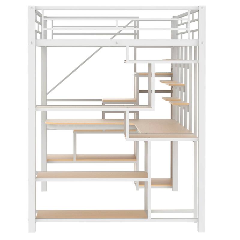 White Full Size Metal Loft Bed with Storage Staircase and Small Wardrobe, Built-in Desk and Storage Shelves