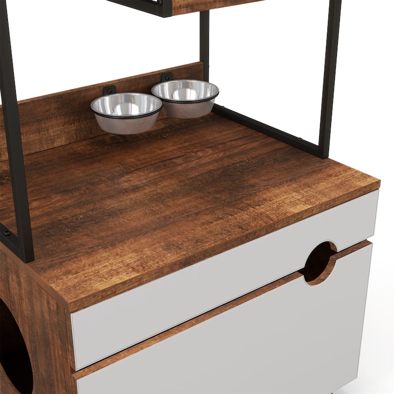 Hidden Cat Litter Box Enclosures with Cat Tree Tower - White+Vintage