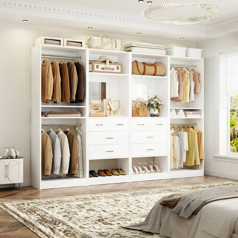 Set of 4 Closet System with 4 Drawer and Hanging Rods, Freestanding Closet Organizer with Storage Shelves