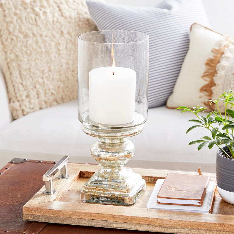 Glass Handmade Turned Style Pillar Hurricane Lamp with Faux Mercury Glass Finish - Silver - Roche River Decor - 6"W x 6"L x 16"H