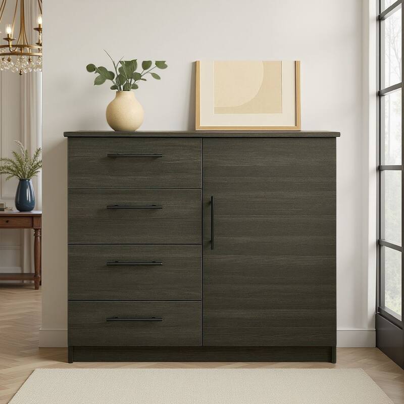Roby Large Dresser Chest, 4 Drawers w Cabinet, 47 Inch, Dark Gray