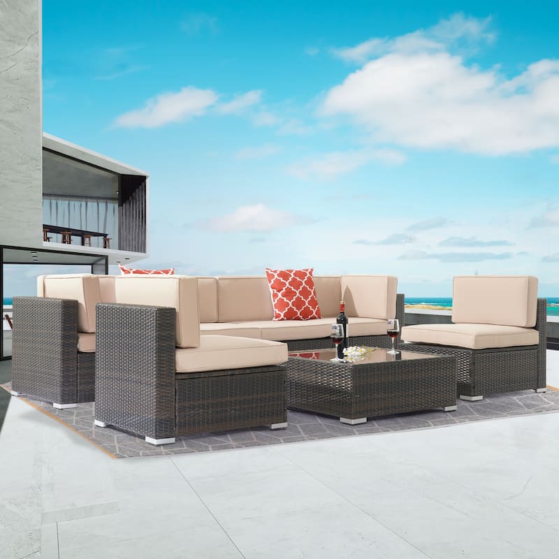 BONASUKI Patio Furniture Set,7-Piece Outdoor Rattan Sectional Sets - Brown/Beige