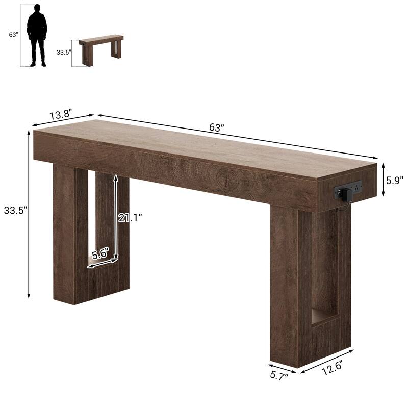 63'' Console Table with Motion Sensor Light and Charging Station, Modern Farmhouse Entryway Table